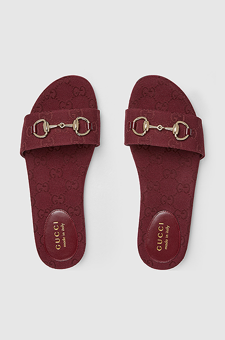 Gucci Horsebit Canvas Slides in Burgundy