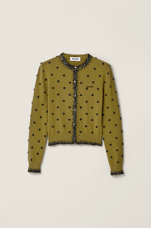 Miu Miu “Oliva Notturna” Embellished Cropped Cardigan
