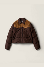 Miu Miu “Sierra Rust” Western Suede-Panel Cropped Puffer Jacket