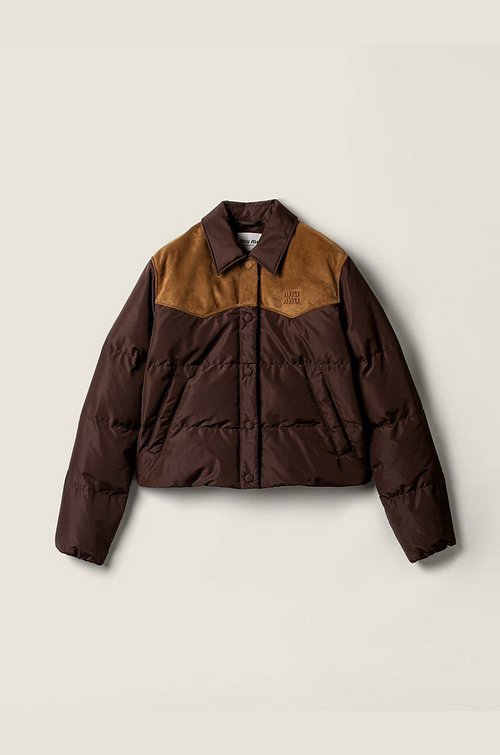 Miu Miu “Sierra Rust” Western Suede-Panel Cropped Puffer Jacket