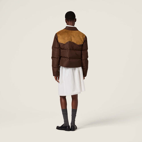 Miu Miu “Sierra Rust” Western Suede-Panel Cropped Puffer Jacket