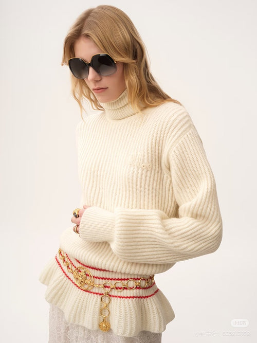 Chloé “Montreux Élégance” Ribbed Flounce Turtleneck Sweater