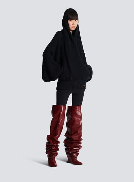 Balmain Paris “Royale Ruche” Sculpted Wedge Thigh-High Boots