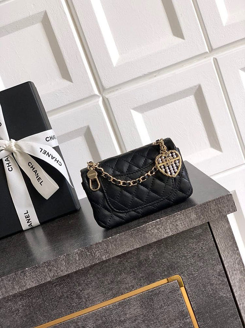 Chanel Pearl Heart Charm Mini Flap Bag in Quilted Lambskin with Gold-Tone Hardware