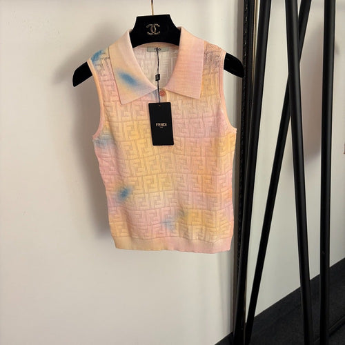 Fendi -Pastello FF Jacquard Sleeveless Knit Polo Top