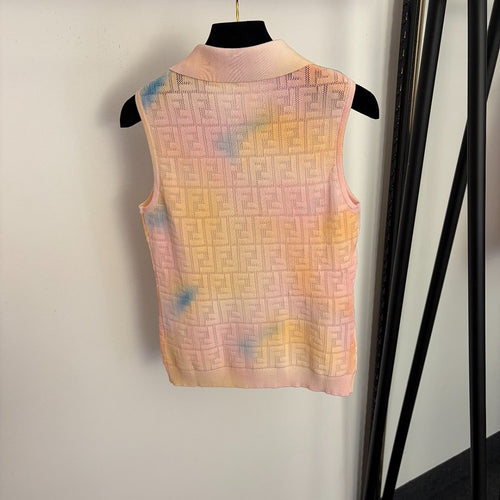 Fendi -Pastello FF Jacquard Sleeveless Knit Polo Top