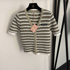 Miu Miu – Striped Logo Ribbed Knit Cardigan