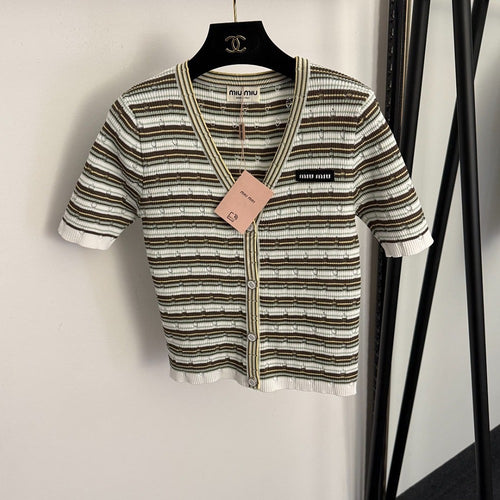 Miu Miu – Striped Logo Ribbed Knit Cardigan