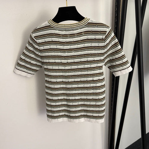 Miu Miu – Striped Logo Ribbed Knit Cardigan