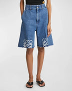 Loewe-Anagram Embroidered Wide-Leg Denim Bermuda Shorts