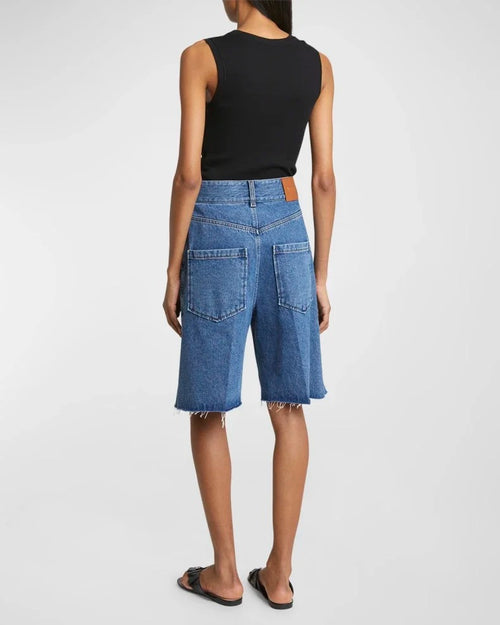 Loewe-Anagram Embroidered Wide-Leg Denim Bermuda Shorts