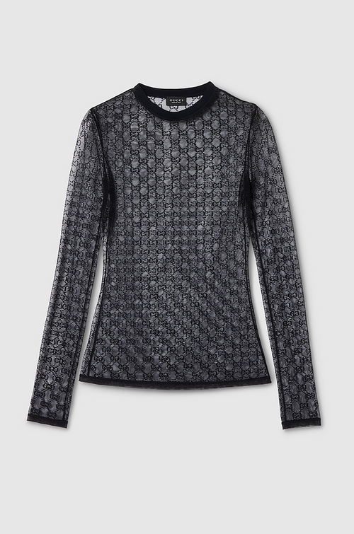 Gucci GG Monogram Sheer Mesh Long Sleeve Top