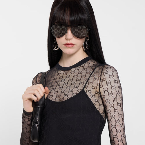 Gucci GG Monogram Sheer Mesh Long Sleeve Top