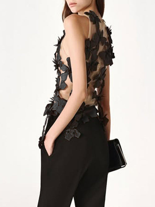 Flora Noire Illusion Appliqué Couture Top