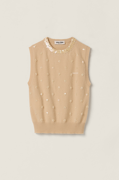 Miu Miu “Petal Éclat” Embellished Cashmere Knit Vest — Nude Beige | S–L