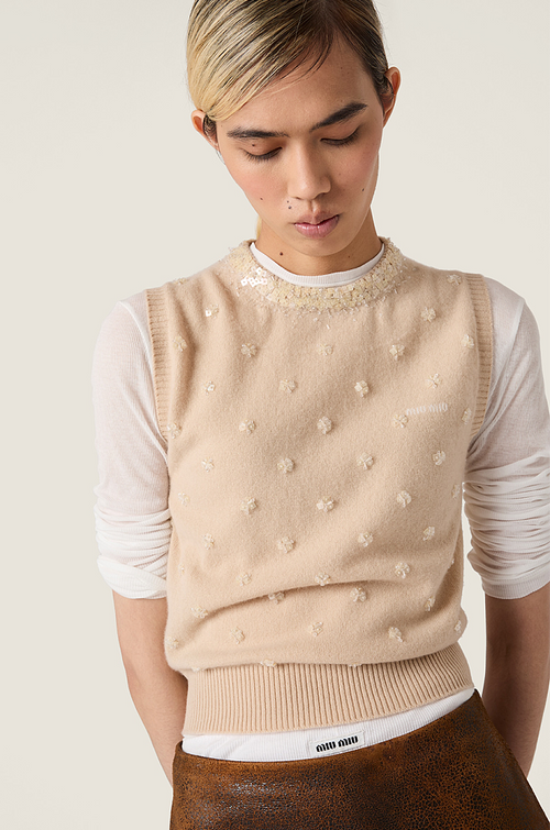 Miu Miu “Petal Éclat” Embellished Cashmere Knit Vest — Nude Beige | S–L
