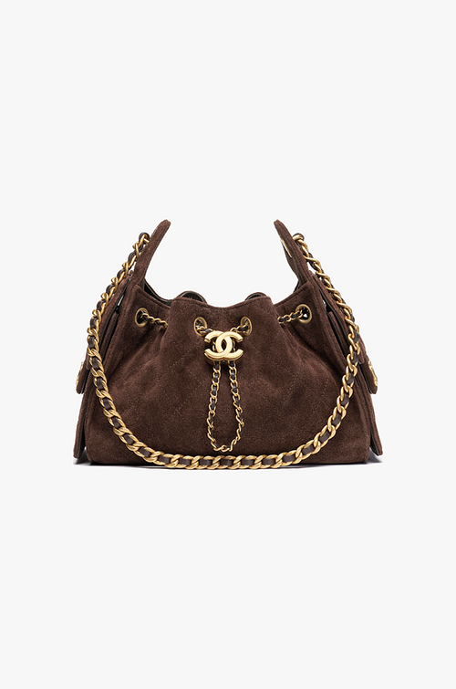 Chanel “Cacao Cabas” Quilted Suede Drawstring Mini Bag — Chocolate