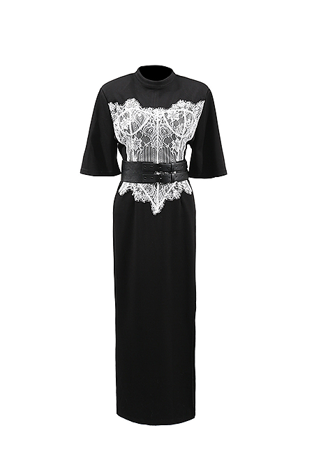 Noir poque Belted Lace Panel Midi Dress Black / XL Noir poque Belted Lace Panel Midi Dress Black / XL