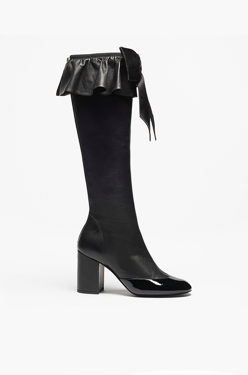 Chanel “Ruffle Royale” Patent-Toe Leather Knee Boots