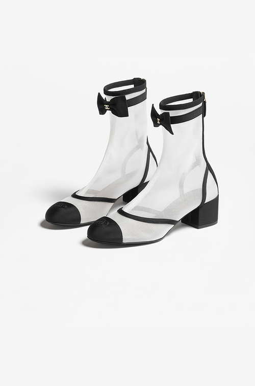 Chanel “Élégance Aérienne” Mesh Bow Ankle Boot – Black & Ivory (Sizes 36–41)