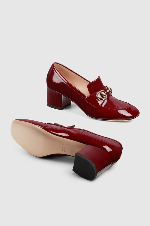 Gucci “Rosso Lucente” Patent Horsebit Block-Heel Loafers