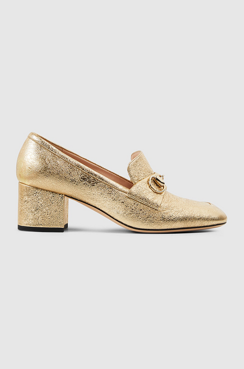 GUCCI “Aurum Classica” Metallic Gold Horsebit Block-Heel Loafer (36–42)