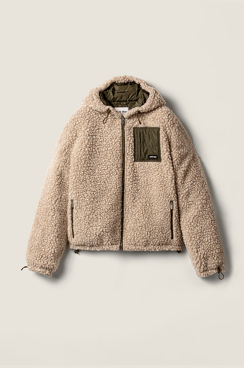 Miu Miu “Alpine Bouclé Shearling Hooded Jacket” — Oatmilk Beige (S–L)