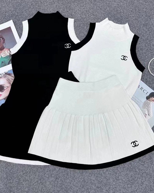 CC Contrast Knit Sleeveless Top & Pleated Mini Skirt Set