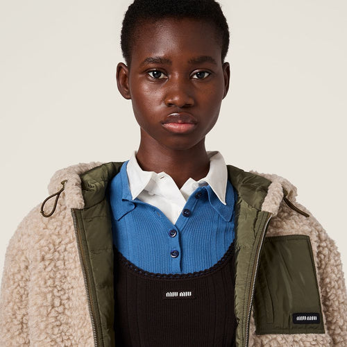 Miu Miu “Alpine Bouclé Shearling Hooded Jacket” — Oatmilk Beige (S–L)