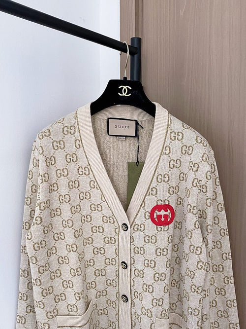 Gucci “Crème Emblem” GG Signature Knit Cardigan