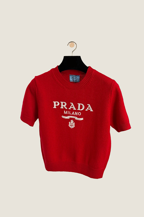 Prada Milano Scarlet Crest Short-Sleeve Knit — S-L