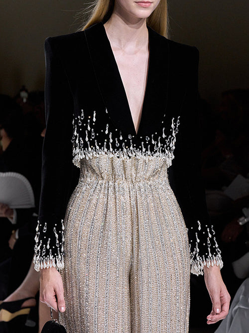 Lumière Cascade” Crystal-Drenched Cropped Tuxedo Jacket