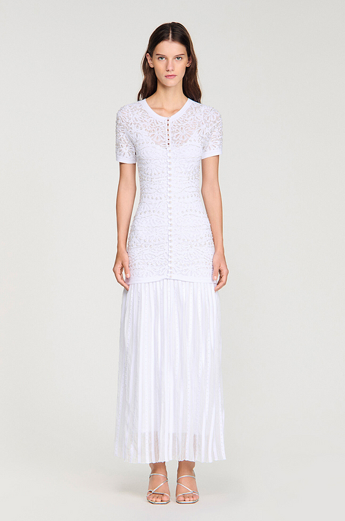 Sandro Lumière Blanche Knit & Pleated Midi Dress