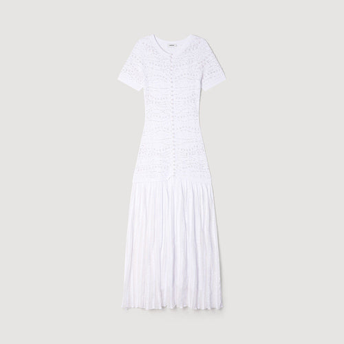 Sandro Lumière Blanche Knit & Pleated Midi Dress