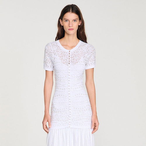 Sandro Lumière Blanche Knit & Pleated Midi Dress
