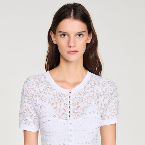 Sandro Lumière Blanche Knit & Pleated Midi Dress