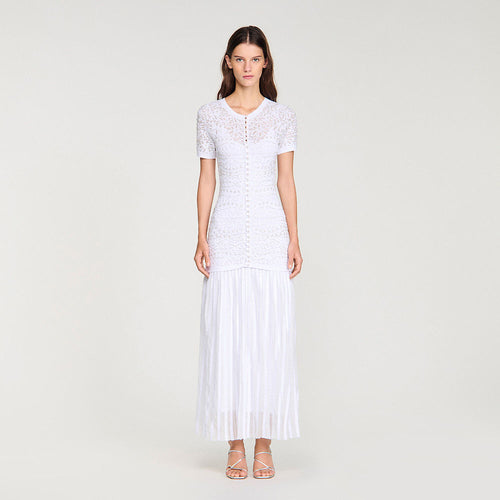 Sandro Lumière Blanche Knit & Pleated Midi Dress