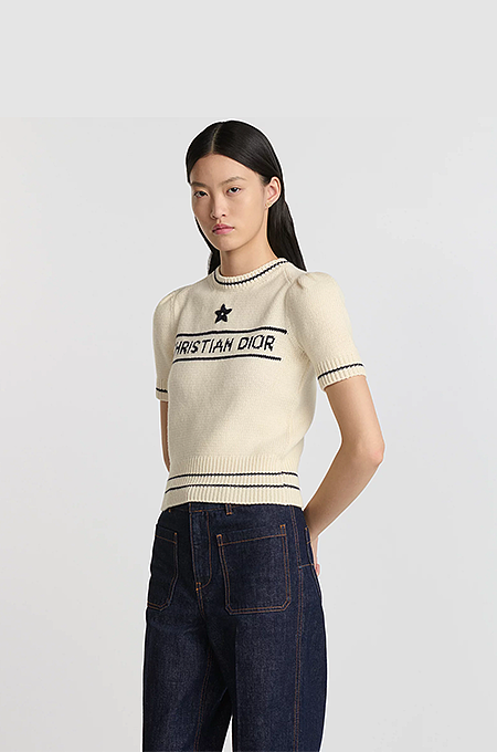 Christian Dior Embroidered Star Intarsia Knit Top – Navy & Ivory Christian Dior Embroidered Star Intarsia Knit Top – Navy & Ivory