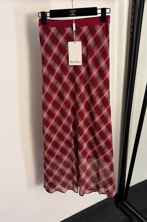 Max Mara Rosso Plaid Silk Flow Skirt