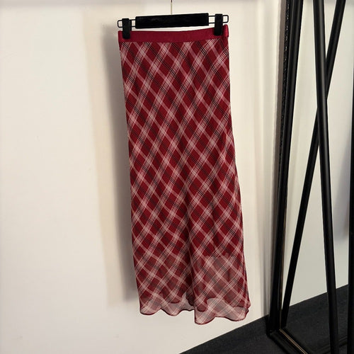 Max Mara Rosso Plaid Silk Flow Skirt