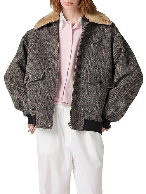 Miu Miu Alpine Plaid Shearling Zip Jacket