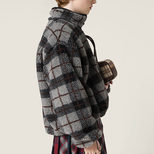 Miu Miu Alpine Plaid Shearling Zip Jacket