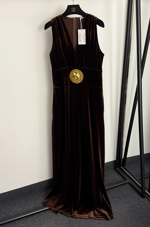 Schiaparelli Chocolate Brown Sculpted Hooded Dress with Gold Surrealis –  LUXE LIVING FASHIONS