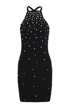 Noir Pearl-Embellished Halter Mini Dress