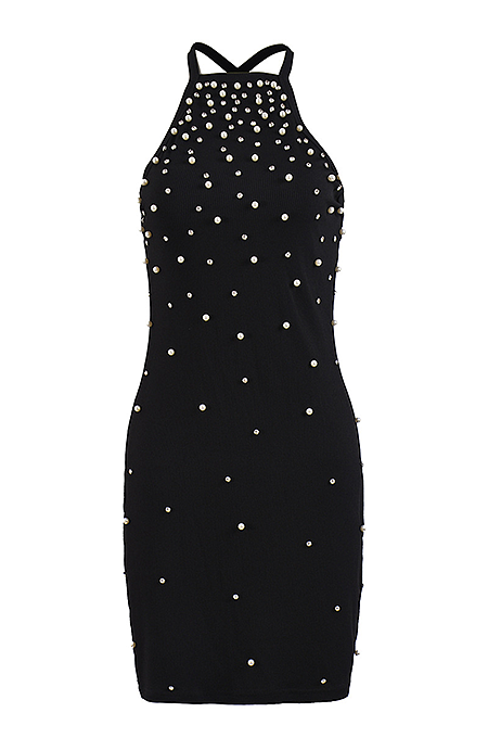 Noir Pearl-Embellished Halter Mini Dress