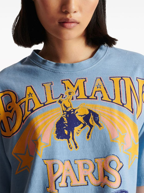 Balmain Paris Western Print Cotton Tee with Gold Button Detail (S–XL)