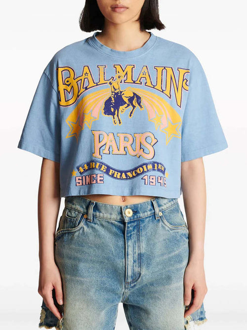 Balmain Paris Western Print Cotton Tee with Gold Button Detail (S–XL)