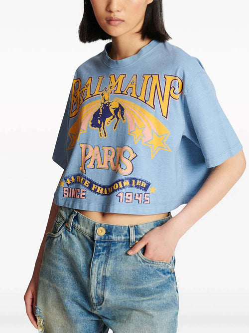 Balmain Paris Western Print Cotton Tee with Gold Button Detail (S–XL)