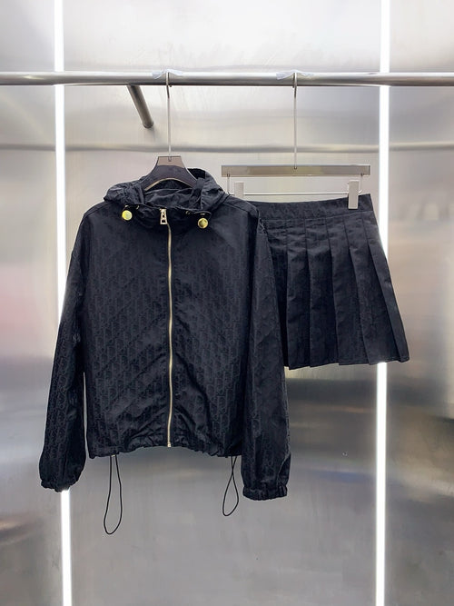 Dior Oblique Noir Sport Set-Hooded Jacket & Pleated Mini Skirt