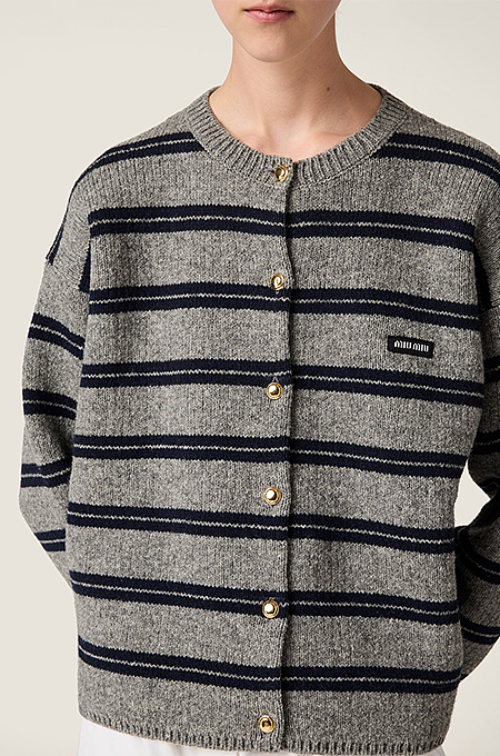 Miu Miu Striped Wool Cardigan with Logo Patch & Gold Buttons – Grey/Navy
